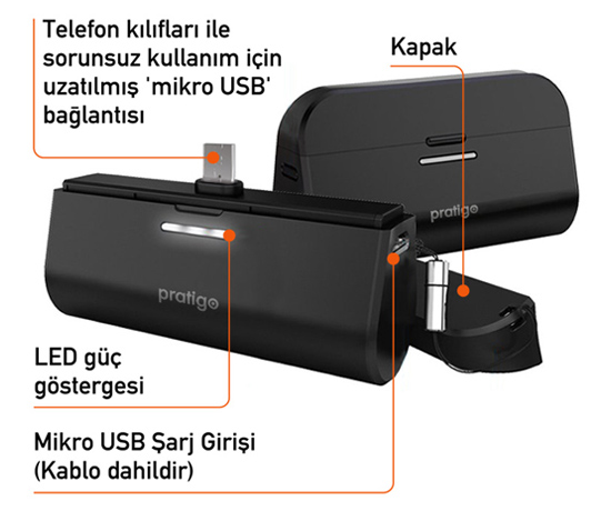 Pratigo Micro USB PowerBank - Dahili Micro USB Bağlantısı